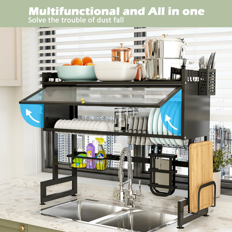 Large Black Metal Over-the-Sink Dish Drying Rack with Utensil Cup