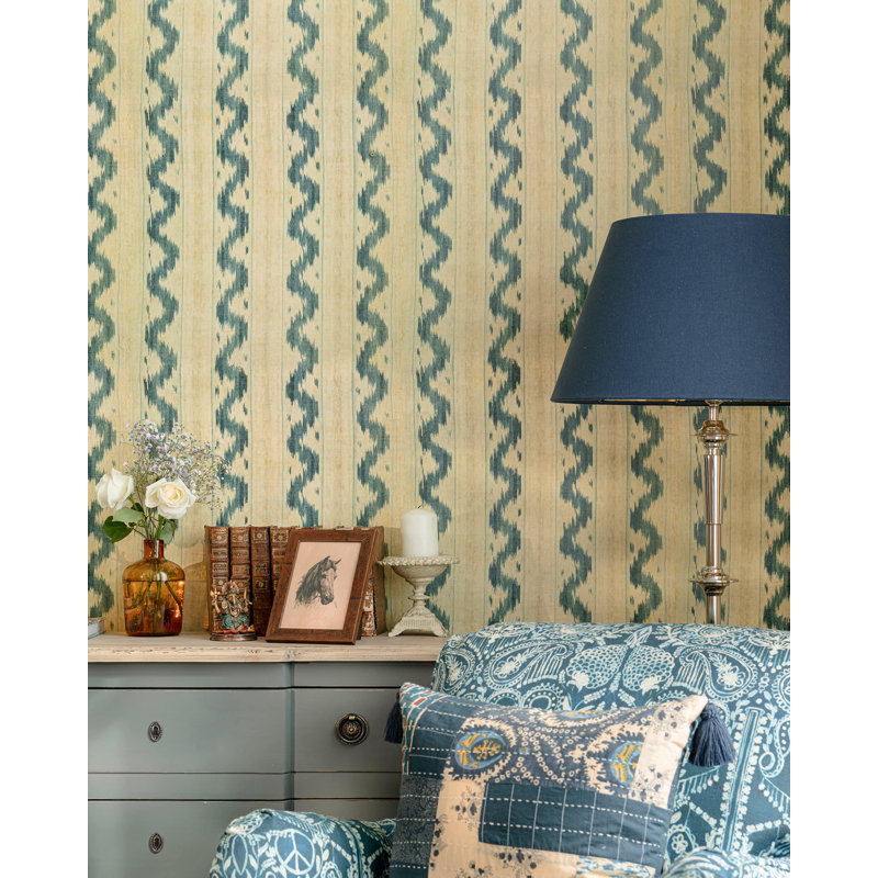 Woodstock Lifestyle Ikat Wallpaper Roll, Beige/Indigo