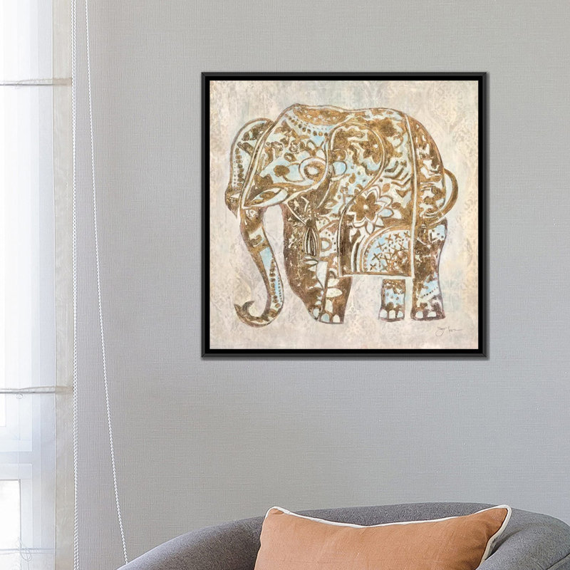 «Boho Elephant», impression sur toile, H 18 po x l 18 po x P 1,5 po, Toile avec cadre noir, Pas de tapis