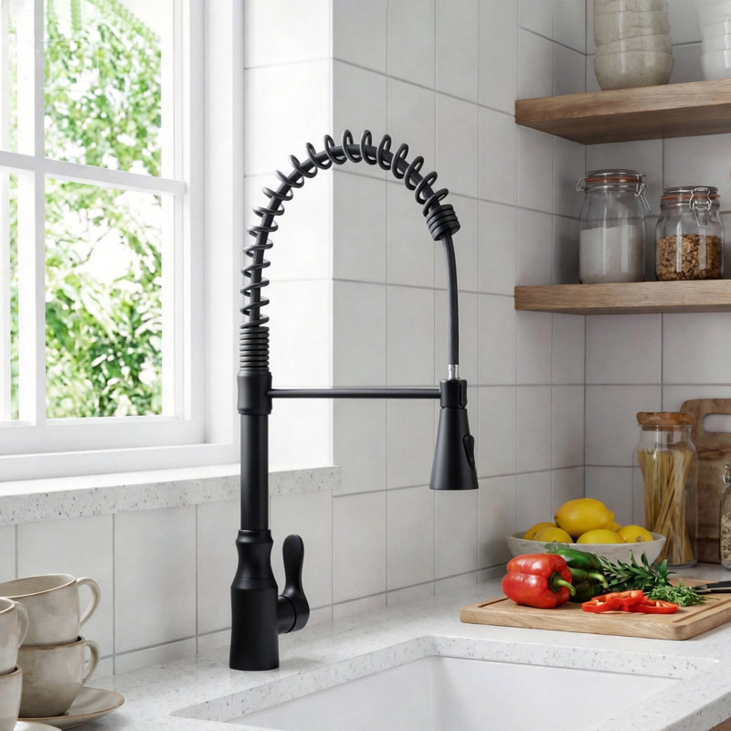 High-arc kitchen faucet with a single-handle pull-down spray head, 2 spray modes, commercial-grade stainless steel kitchen sink faucet, includes a countertop cover, matte black.