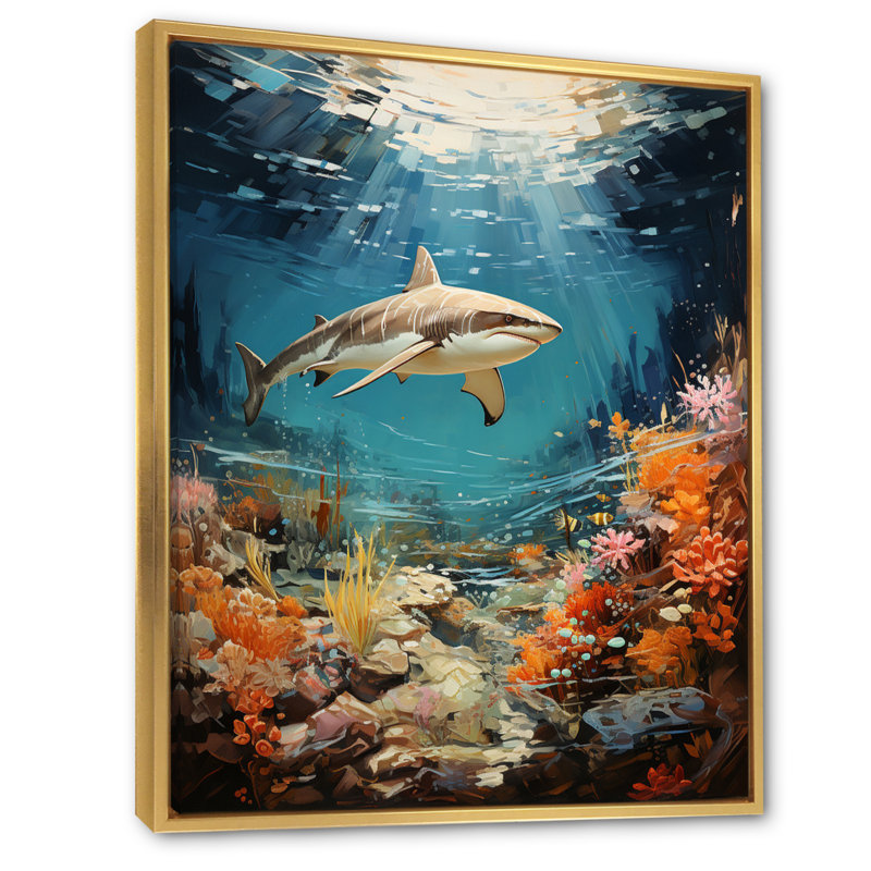 Teal Shark Coastal Creatures " Teal Shark Coastal Creatures ", Gold Floater Framed, 44" H x 34" W x 1.5" D