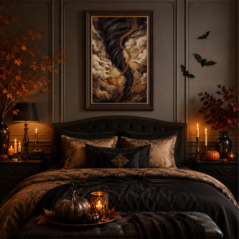 Toile murale représentant un tourbillon sombre de tornade avec une touche d'orange pour l'Halloween, H 18 po x l 12 po