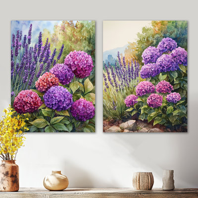 Hortensias et lavande jardin I - ensemble de 2 reproductions d'art en métal botanique mauve