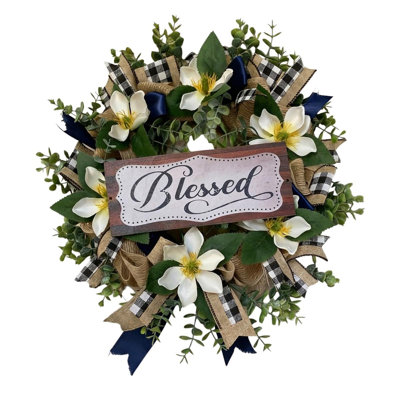 19.7 Inch Spring Summer Wreath, Magnolia Wreaths For Front Door With Eucalyptus & Blue Grey Burlap Bow, Year Round Wreaths For Porch Farmhouse Patio Door Decor All Season