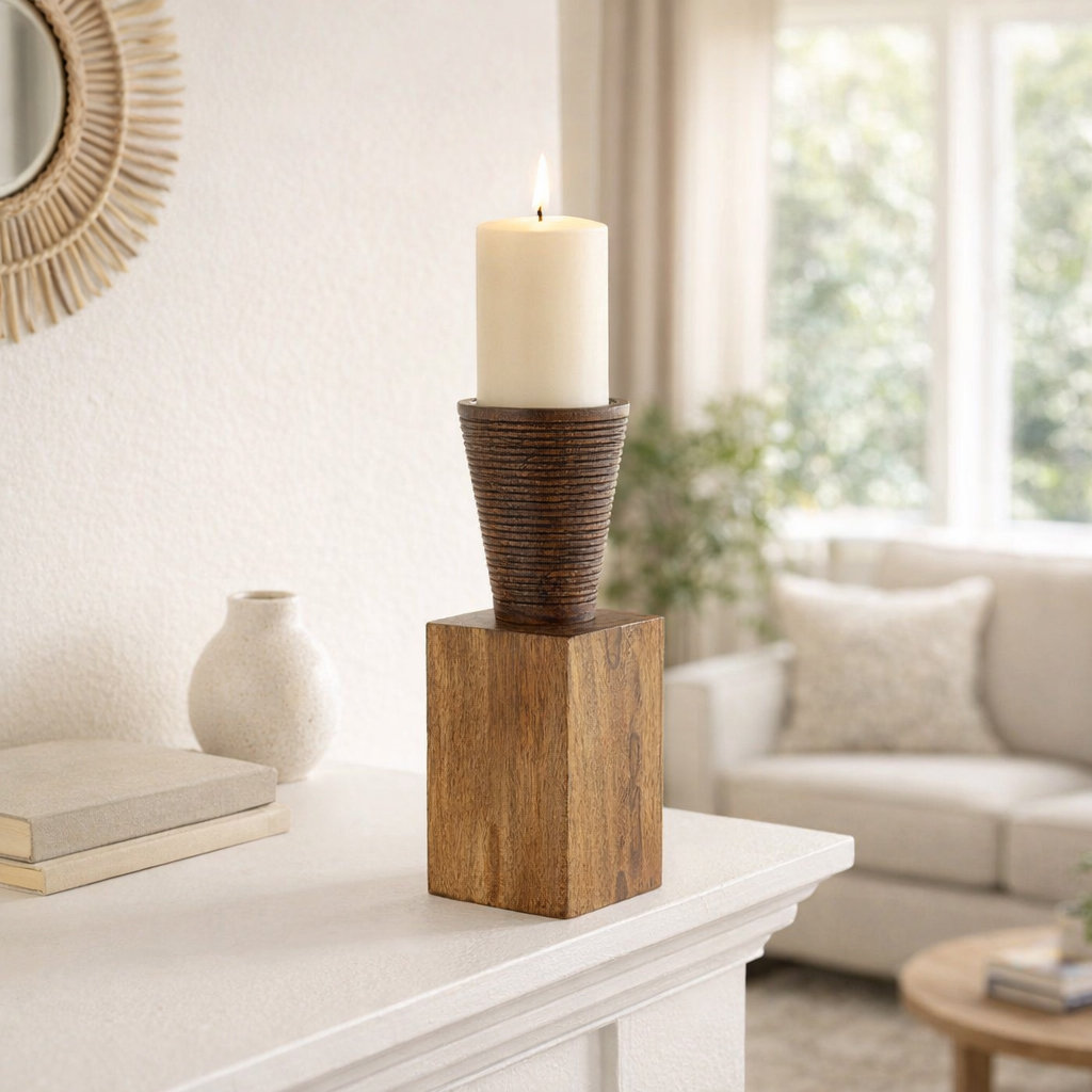 Wood Candlestick Holder, 10" H x 4" W x 4" D