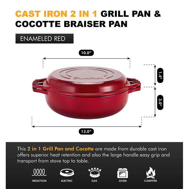 Bruntmor 2-in-1 Gray Enameled Cast Iron Cocotte Double Braiser Pan with  Grill Lid, 3.3 Quarts