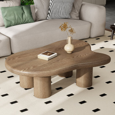 Table basse 31,5 pouces ronde en placage de bois de frêne rustique pour petit salon