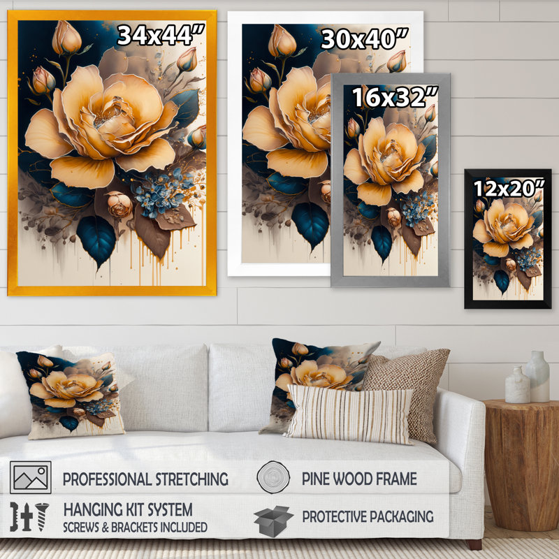 «Yellow and Blue Roses II», reproduction sur toile, H 32 po x l 16 po x P 1 po, Cadre photo noir