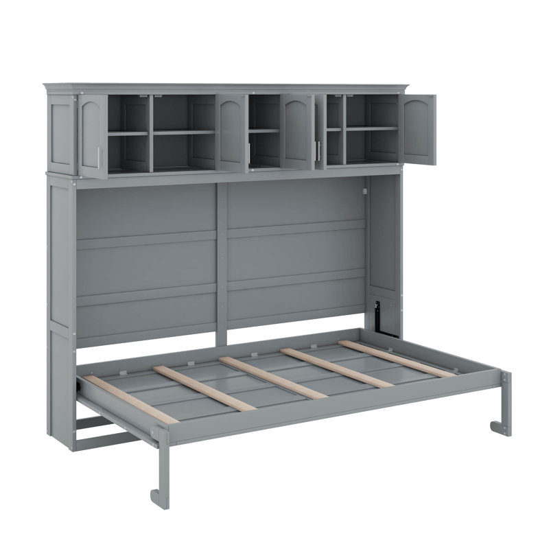 Lit escamotable avec armoires supérieures Murphy, Gris, Lit double