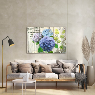 Art mural en verre acrylique 36 po x 24 po «Farm Seed Hydrangeas» par Art Licensing Studio Epic Art