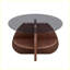 Table basse à structure en croix avec plateau en verre trempé gris et rangement en forme de ventilateur en noyer pour le salon, petits espaces