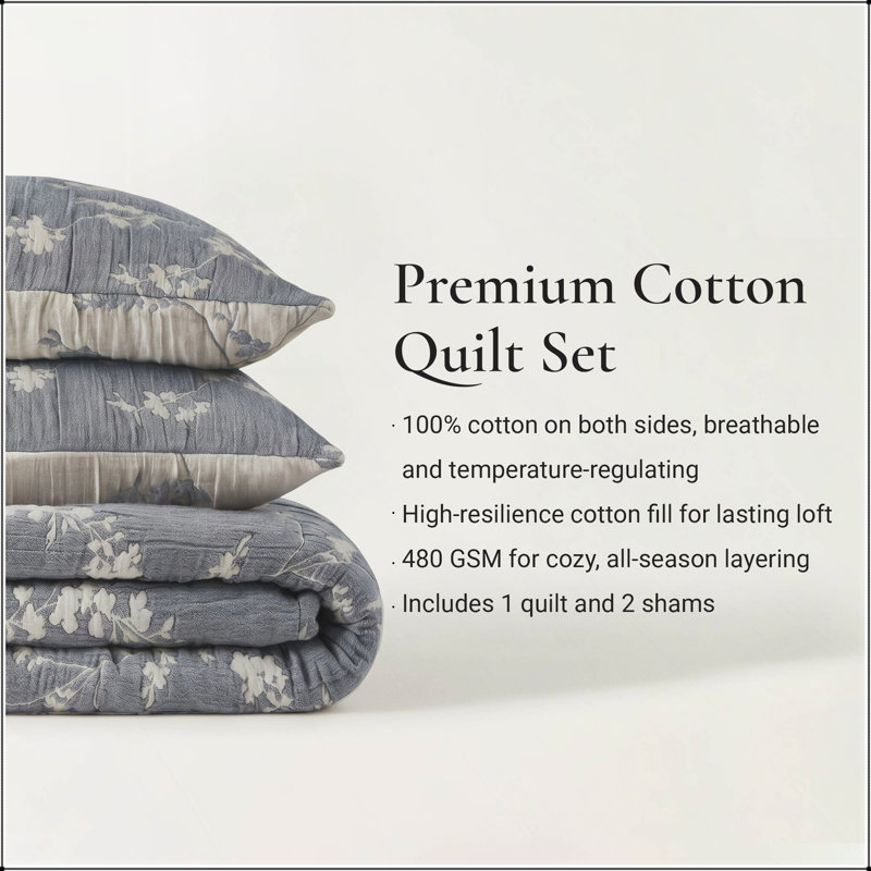 3 Pieces King Jacquard Cotton Gauze Quilt Set Breathable 480GSM Reversible All Season 108x92, Blue