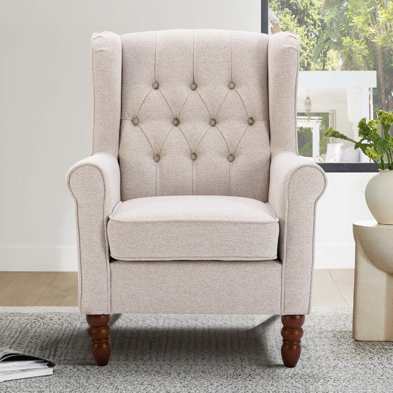 Button-Tufted Small Wingback Accent Chair with Rolled Arm and Thick Padded Cushion, Beige Performance Twill