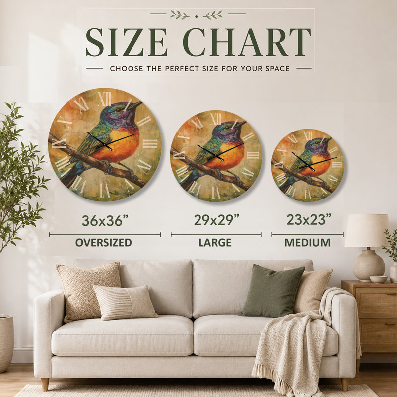 Horloge murale grands oiseaux - mélodie colorée d'oiseaux chanteurs, imprimée sur bois, Oversized