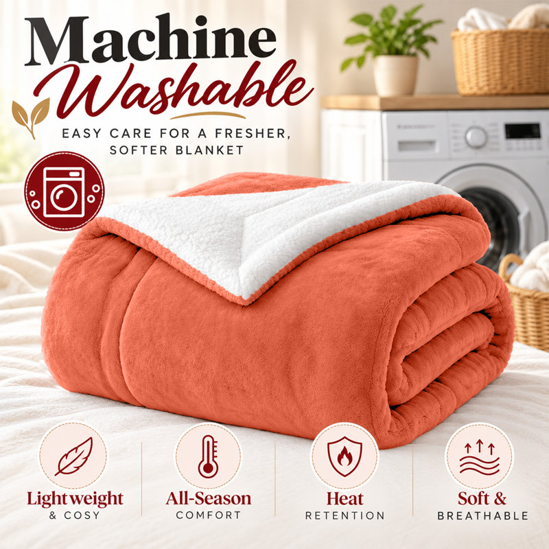 Jeté réversible en molleton Sherpa - Microplush ultra doux, chaleur toutes saisons, lavable à la machine, Rust