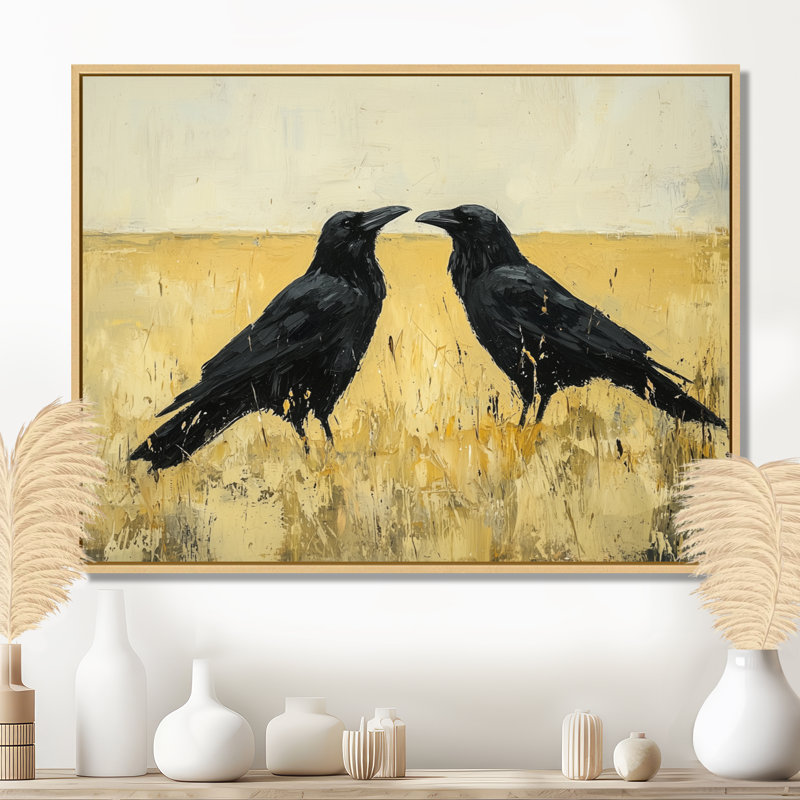 Ilva 2 Crows At The Field Edge I - oiseau, art mural sur toile, Noir, Cadre flottant, H 16 po x l 32 po