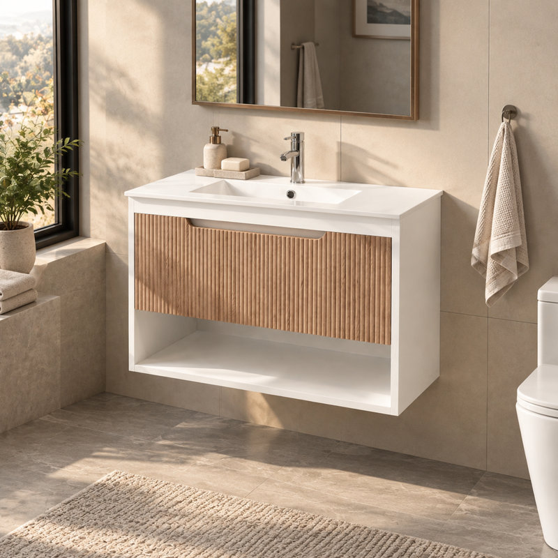 Base de meuble-lavabo flottant 30 po seulement, armoire murale moderne en MDF avec tiroir cannelé et tablette ouverte, blanc / chêne
