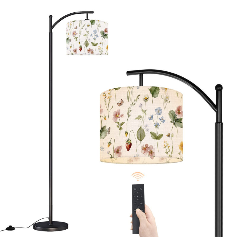 Arc Floor Lamp Watercolor floral seamless Hand painted green leaves wild Floor Lamps with Remote LED Lights Adjustable Lamp Shades Tall Standing Lamps for Reading Office Living Room