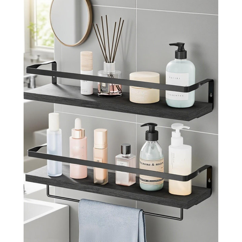Floating Shelves With Towel Bar, Wall Mounted Bathroom Storage Shelves For Kitchen, Bedroom, With Metal Frame, Set Of 2