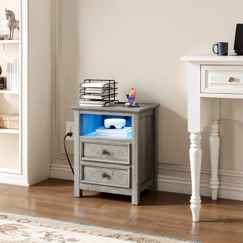  2 -Drawer Nightstand With Charging Station And Led Lights, Bed Side Table And End Table With Open Storage, Individual