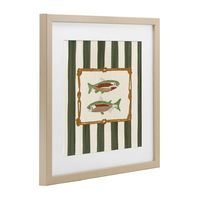 Gone Fishing Green Stripes Framed Print Under Glass, design by Veronica Lara