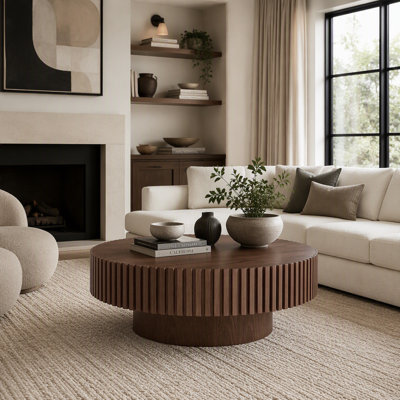 39.4" Mid-Century Modern Round MDF Coffee Table, Walnut Finish