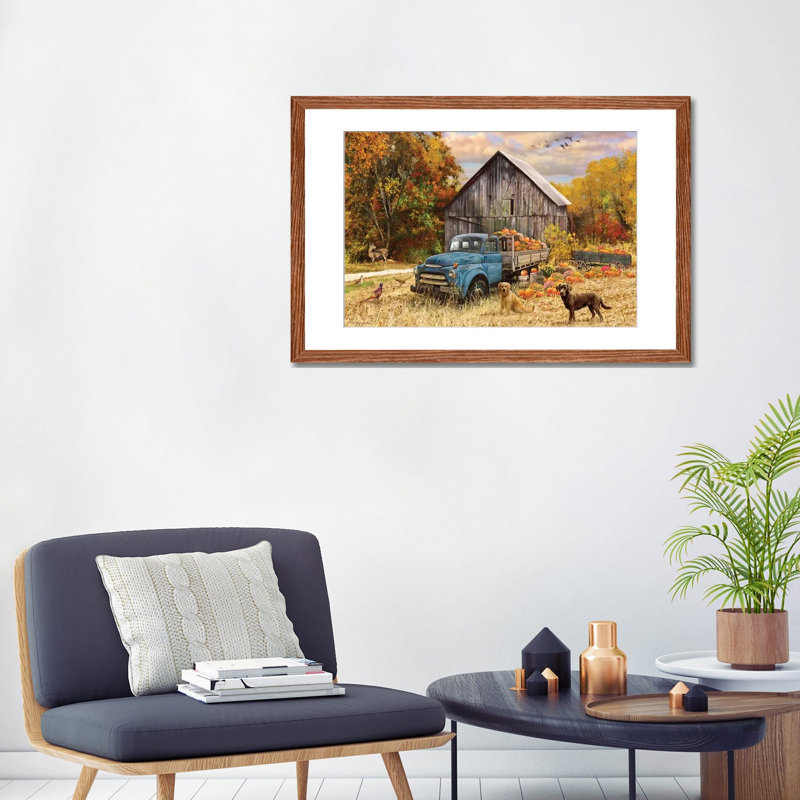 «Fall Truck And Barn» - reproduction, H 24 po x l 32 po x P 1 po, Papier encadré brun