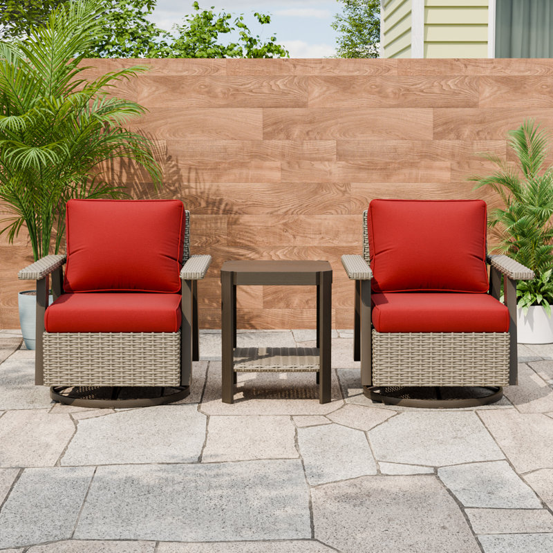 Ensemble de conversation d'extérieur 3 pièces avec chaises berçantes pivotantes en osier et table d'appoint, Red