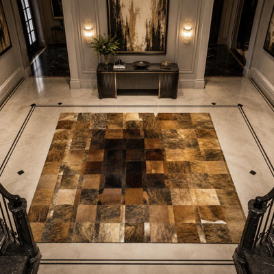 Handmade Patchwork Cowhide Rug, Genuine Leather Area Carpet, Rustic Modern Decor