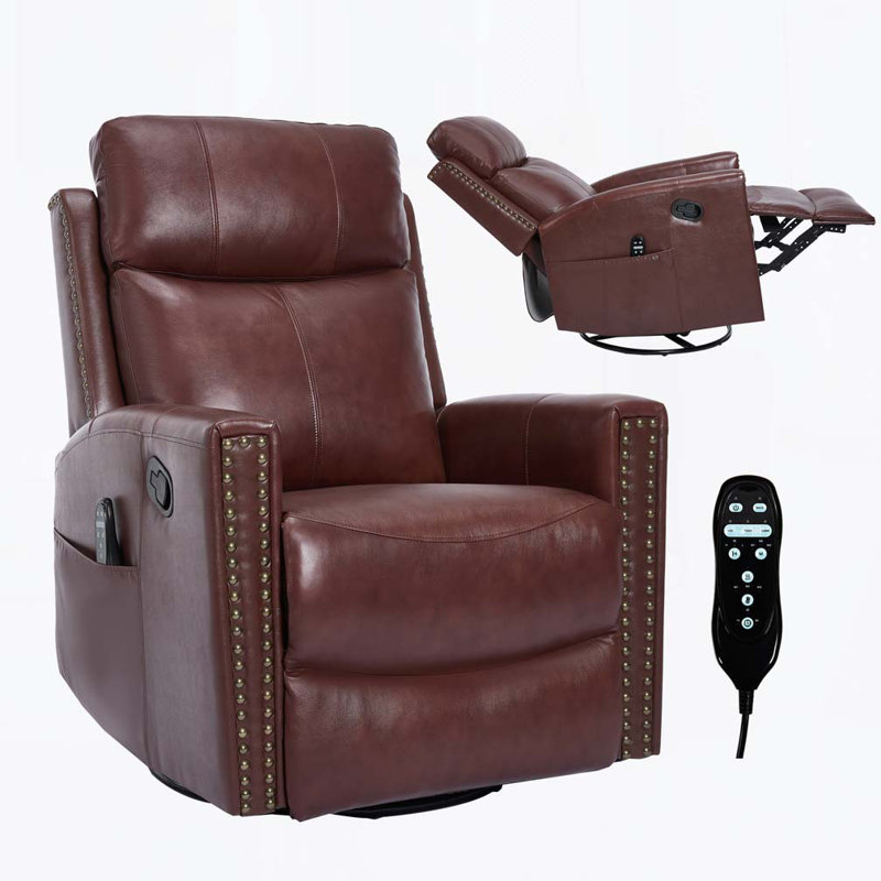 Leather Swivel Manual Recliner Chair with Heat Massage, Red Brown