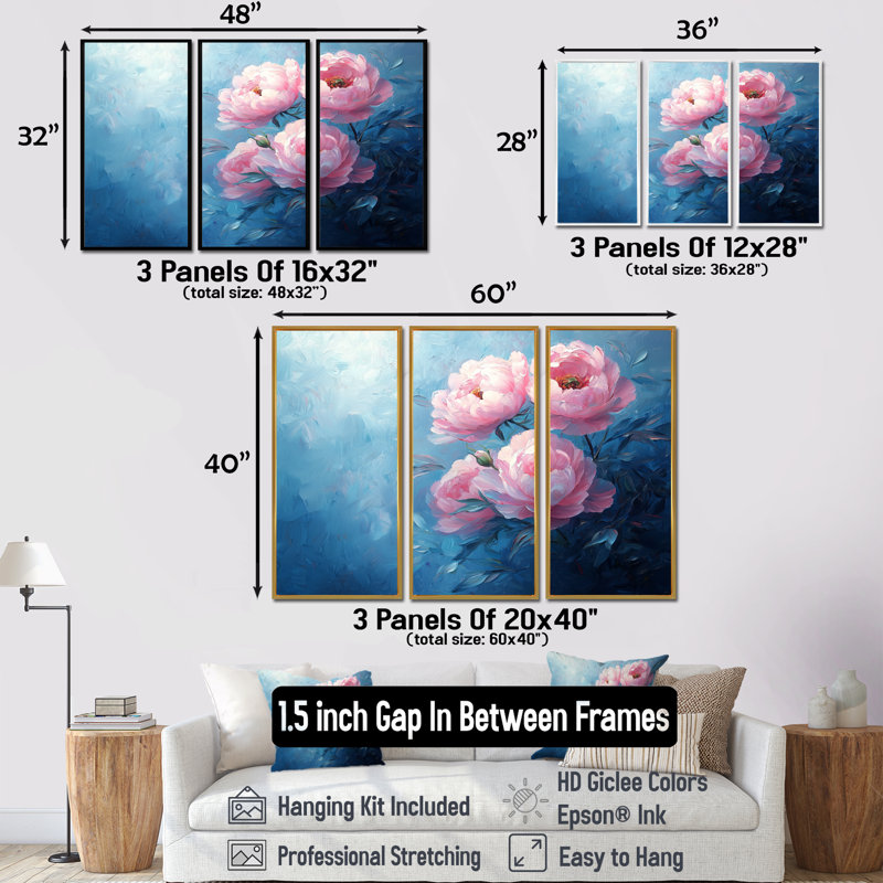 Rêve de pivoines roses II - art mural pivoines - 3 panneaux, H 28 po x l 36 po, Impression encadrée sans passe-partout, Brun
