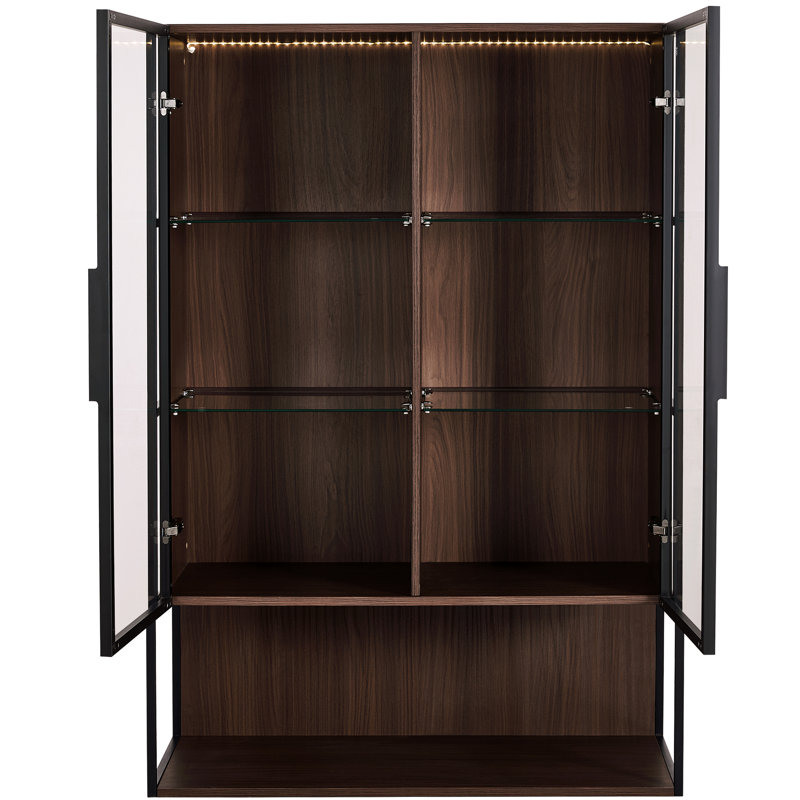 Armoire minimaliste moderne avec verre trempé - hauteur de 51,2 po, éclairage DEL, cadre en métal pour le salon, le bureau, les tablettes hautes et l'éclairage
