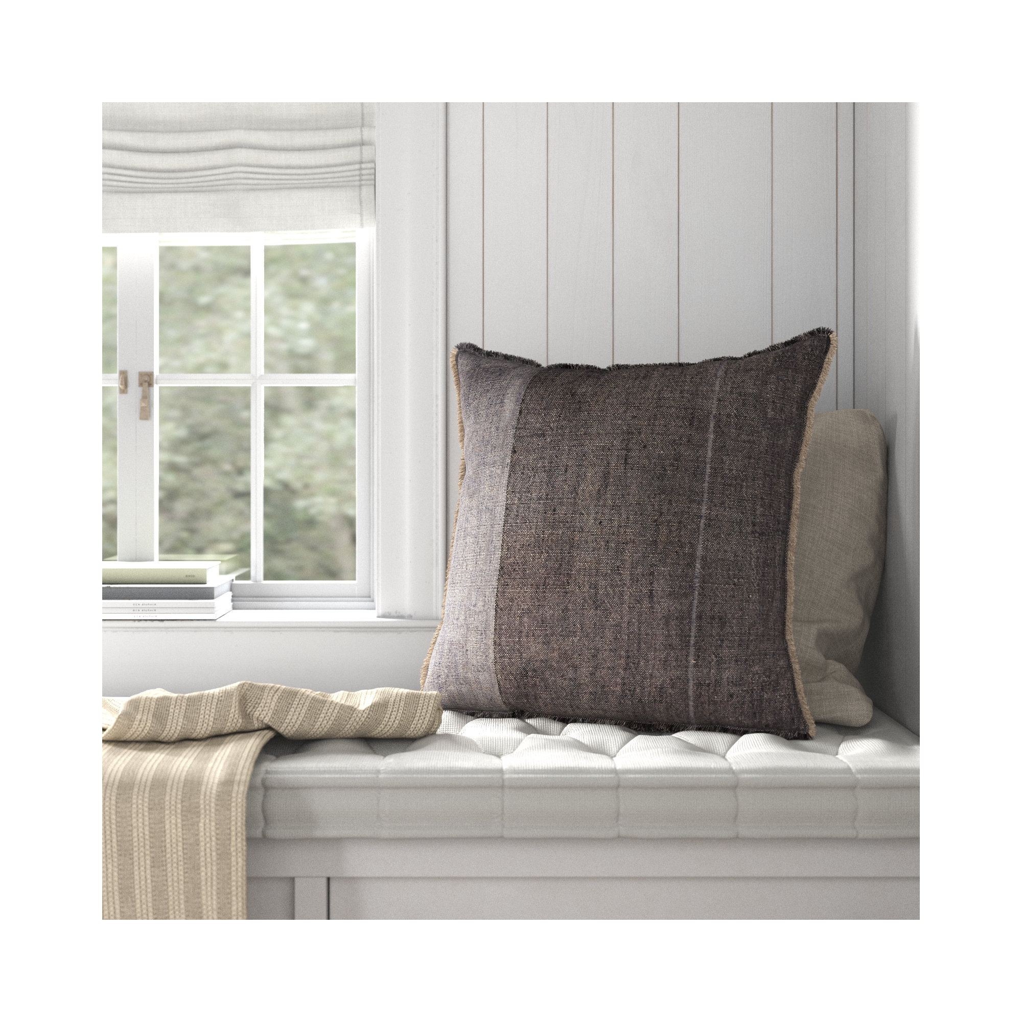 Rockefeller Fringed Linen Throw Pillow, Polyester, 24" H x 24" W, Gray
