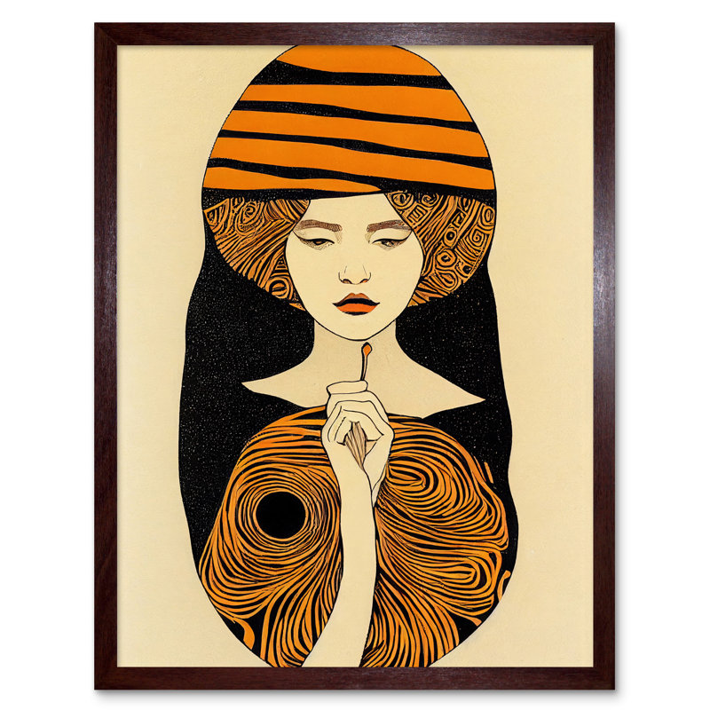 Woman Retro Midcentury Modern Art Nouveau - Print, Brown Framed Paper, 43cm H x 33cm W x 2cm D