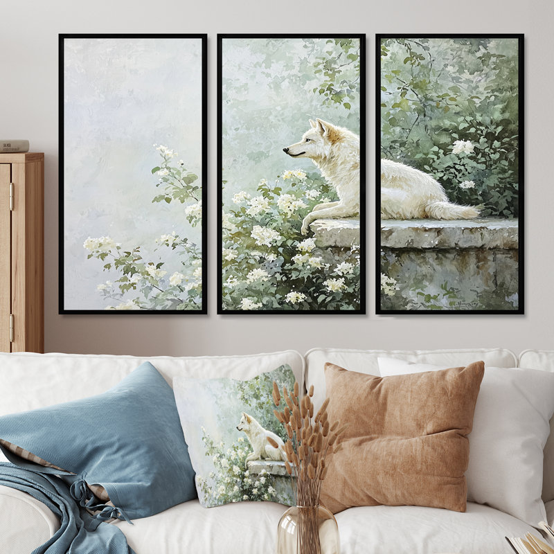 Wolf Perch In Summer - Wolf Wall Art Living Room Set, Floater Framed Print, Black, 28" H x 36" W
