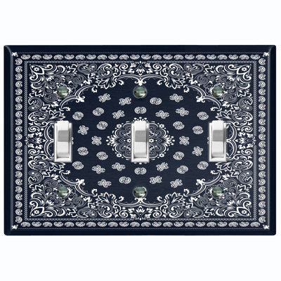 Bandana Paisley Rug Tile Pattern Black 3 - Gang Toggle Light Switch Standard Wall Plate