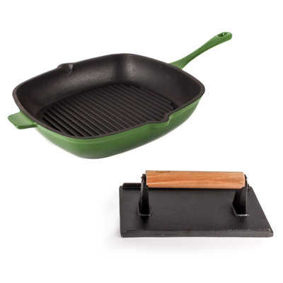 Ensemble de grilles en fonte 2 pièces BergHOFF Neo: poêle à griller et bacon / presse à steak, vert