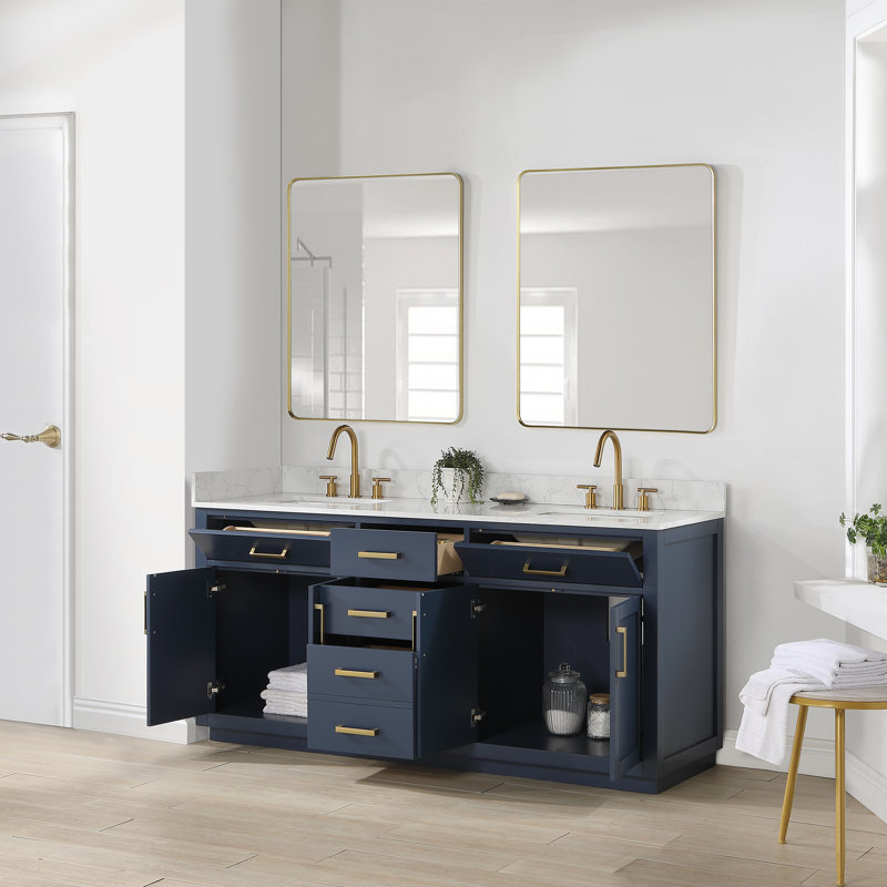 Ensemble de meuble-lavabo double avec miroir Gavino, Bleu, Doré, 72"