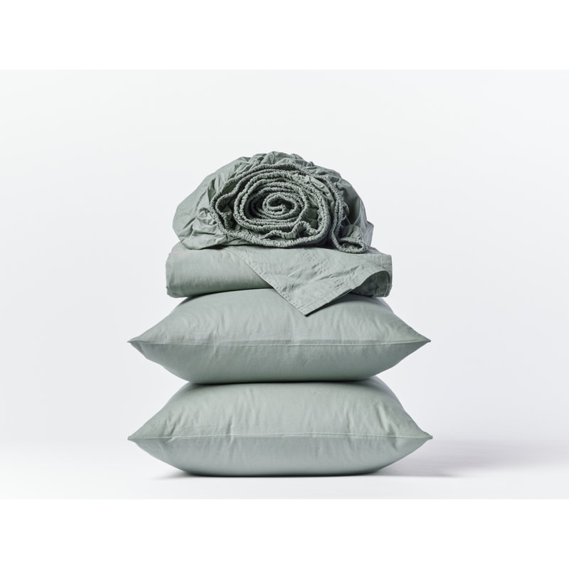Organic Crinkled Percale Sheet Set, Sage, Queen Sheet Set with 2 Pillowcases