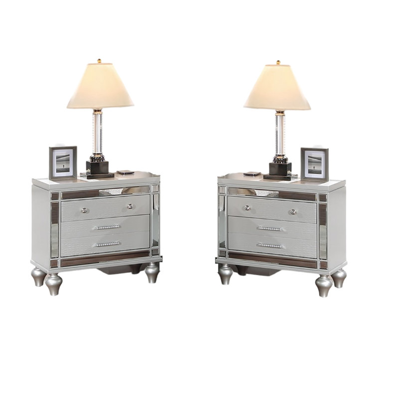 Armoire de chevet moderne en bois avec recharge sans fil, 2 et façade chic pour meubles de chambre à coucher de luxe de couleur argent, rangement élégant