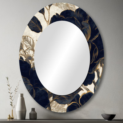 Blue Gold Peony Celebration I - Grand miroir mural ovale sur métal