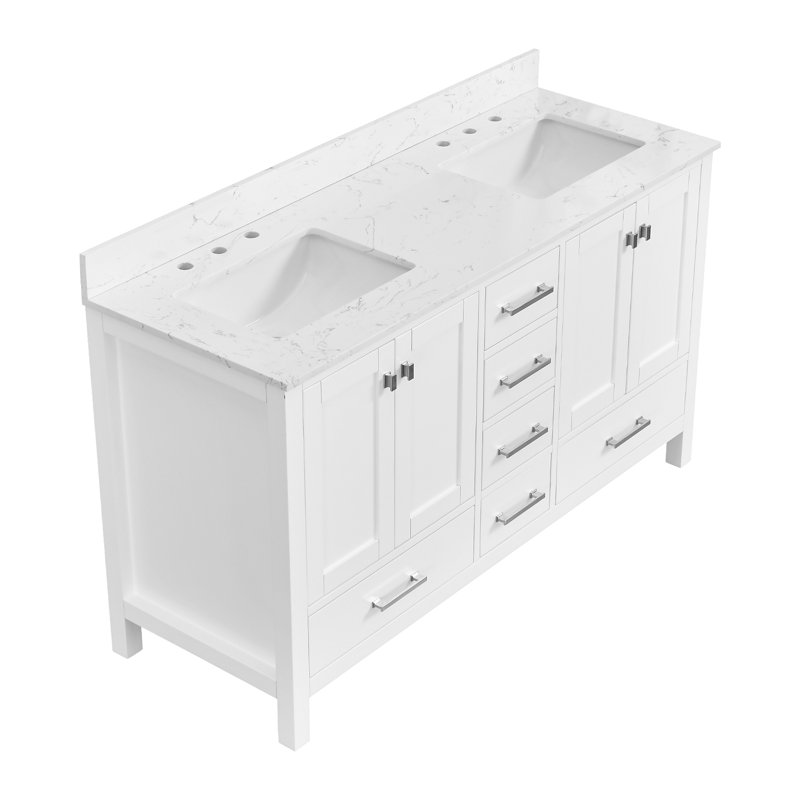 Meuble-lavabo autoportant blanc de 60 po avec lavabo double, base en bois massif, glissières à fermeture douce, légères et élégantes pour les tiroirs