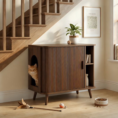 Walnut Finish Hidden Cat Litter Cabinet With Storage & Multipurpose Side Table