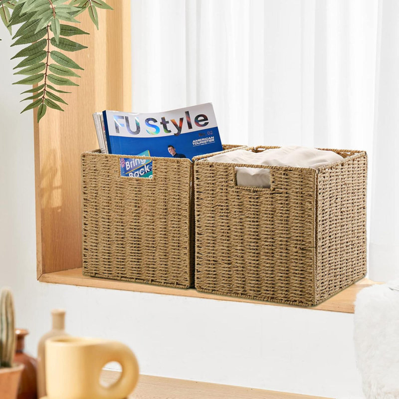 Storage Basket, Set Of 2 Hand-Woven Basket, 11 Inch Storage Baskets For Organizing And Decor, Foldable Cube Storage Organizer Bins Baskets For Shelves, Woven Basket, Natural
