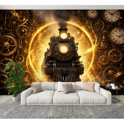 Papier peint adhésif autocollant Steampunk Golden Train Intricate Gears Cogs