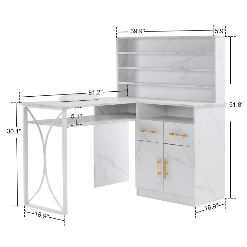 Bureau à clous en L Tashanda, bureau d'angle moderne avec huche et tiroirs, Blanc