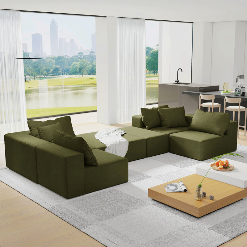 Ensemble de canapé modulaire rembourré moderne, canapé modulaire en forme de L de 132 po avec 6 oreillers, Vert