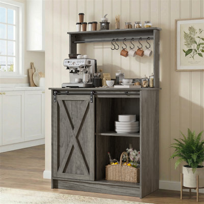Abrianna Farmhouse Coffee Bar Cabinet with 6 Hooks, Coffee Bar Hutch with Storage, Buffet Cabinet with Sliding Barn Door, Coffee Bar Table with Adjustable Shelves for Living Dining Room