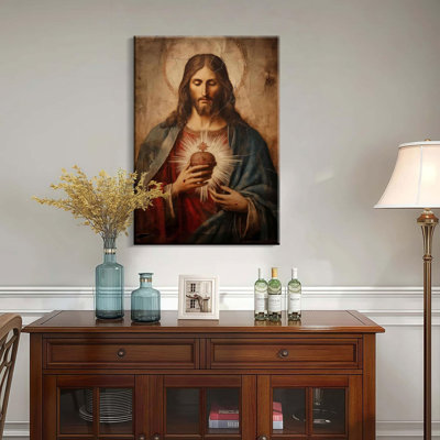 Encadré Jésus, Sacré-Cœur, peinture sur toile, art mural chrétien, affiche inspirante de la Bible, impression de style galerie d'art pour chambre à coucher, église, décoration intérieure, 24 x 36 pouces, prêt à être suspendu