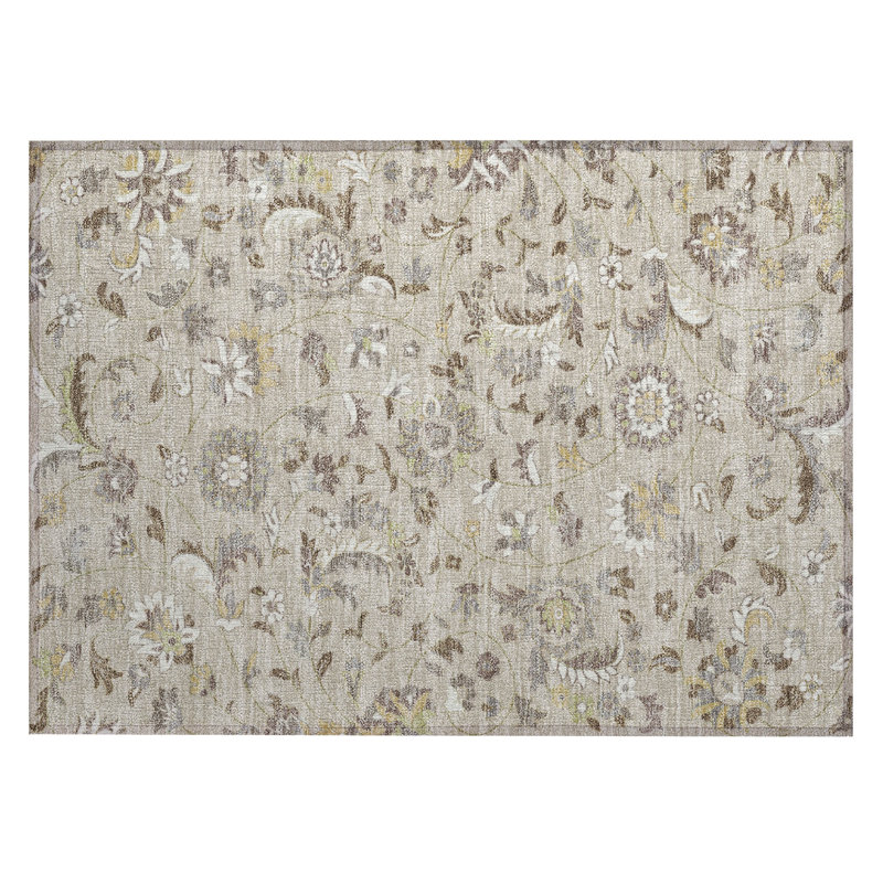 Beige Floral Synthetic Washable Rectangular Rug 20" x 30"